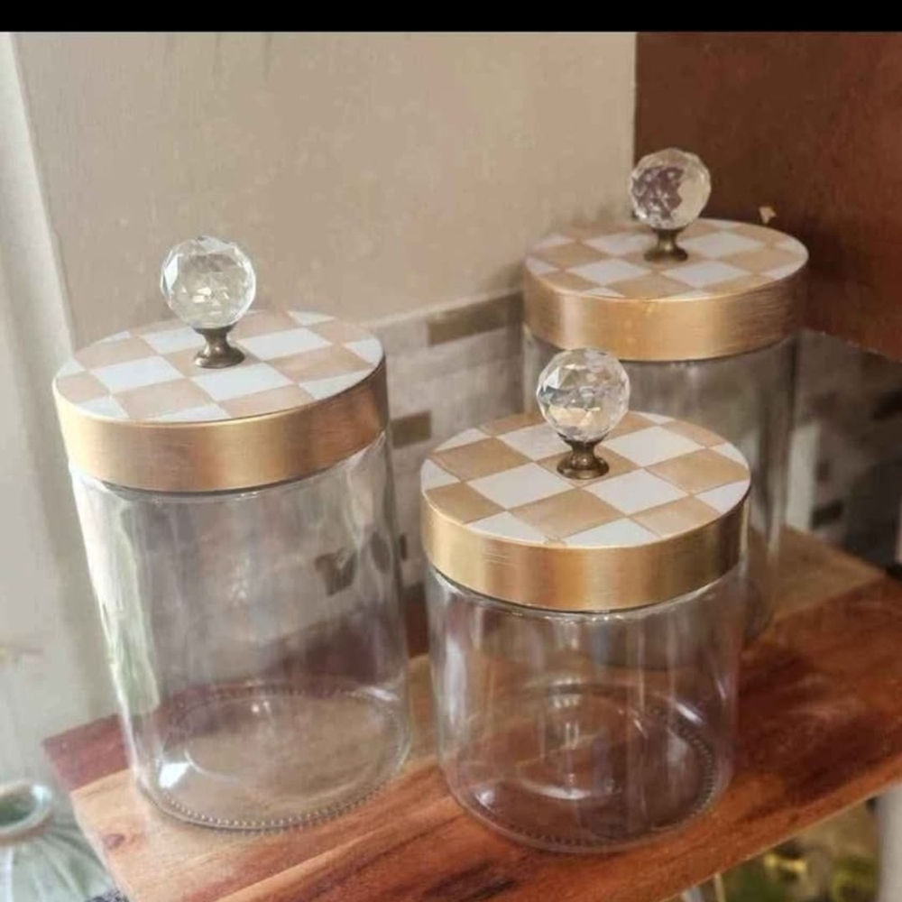 Elegant Glass Jars with Gold Checkered Lids